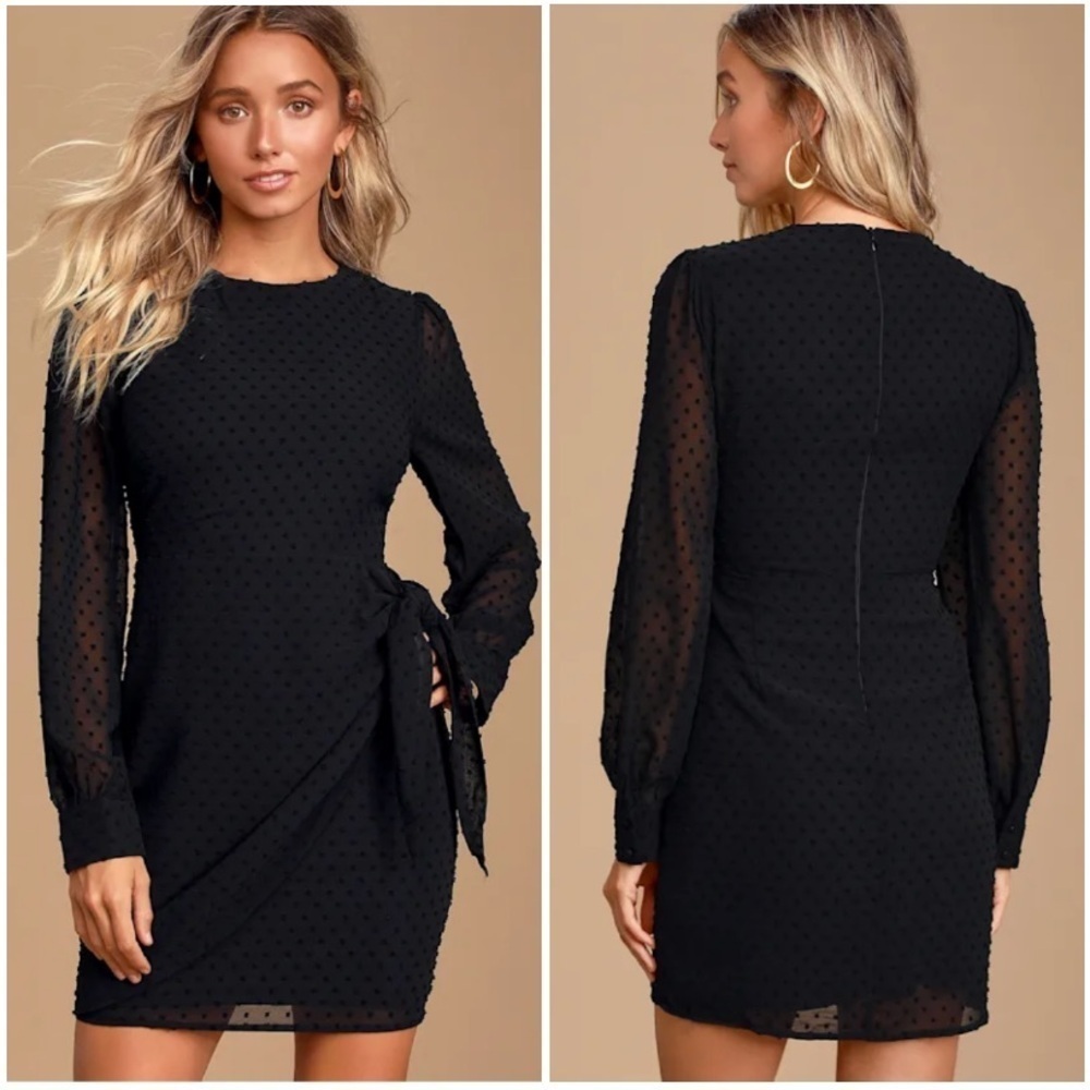 Lulus Much Love Black Swiss Dot Long Sleeve Tie-Front Mini Dress Medium New NWT